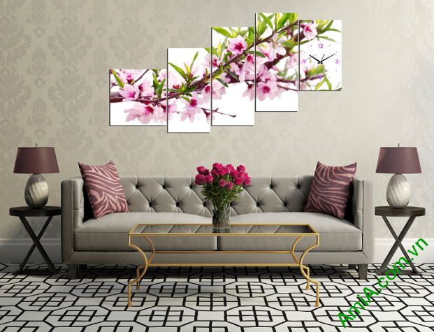 Hình ảnh mẫu tranh hoa đào treo phòng khách đẹp