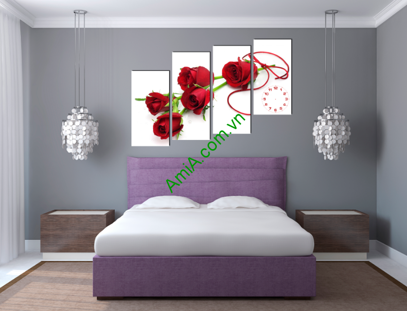 Trang trí phòng ngủ vợ chồng cực đẹp với mẫu tranh hoa hồng