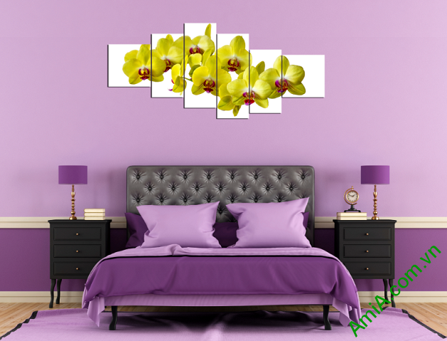 Tranh ghép nhiều tấm hoa lan vàng treo phòng ngủ