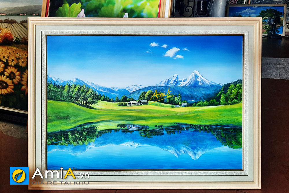 Hình ảnh Tranh vẽ sơn dầu phong cảnh sông núi hồ quang sơn sắc AmiA 341