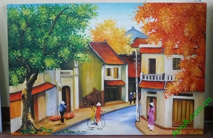 Mẫu tranh sơn dầu vẽ phong cảnh phố cổ Hà Nội