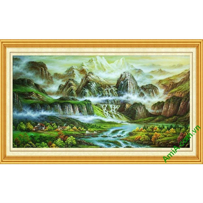 Tác phẩm tranh phong cảnh quê hương với hình ảnh thác nước đẹp là một trong những bức tranh đầy cảm hứng và ngẫu hứng nhất. Hãy đắm mình trong vẻ đẹp thăng hoa của mảnh đất quê hương, với sự sống động của những cơn nước chảy róc rách.