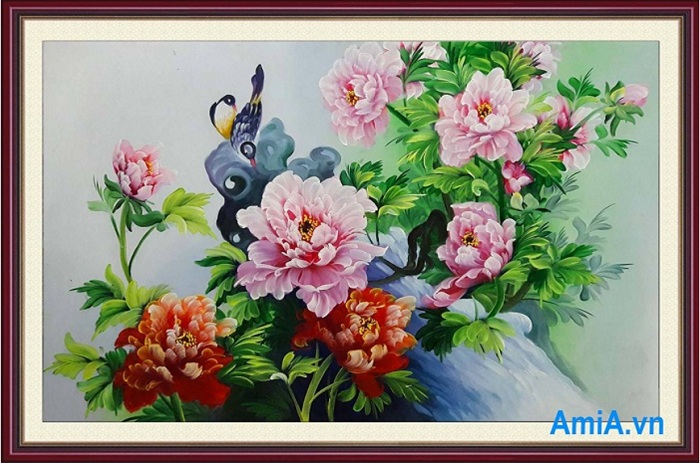 tranh hoa mau don va doi chim trang tri phong khach