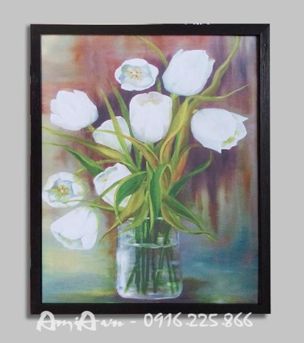 Hinh anh tranh binh hoa tulip trang in vai canvas amia 4127