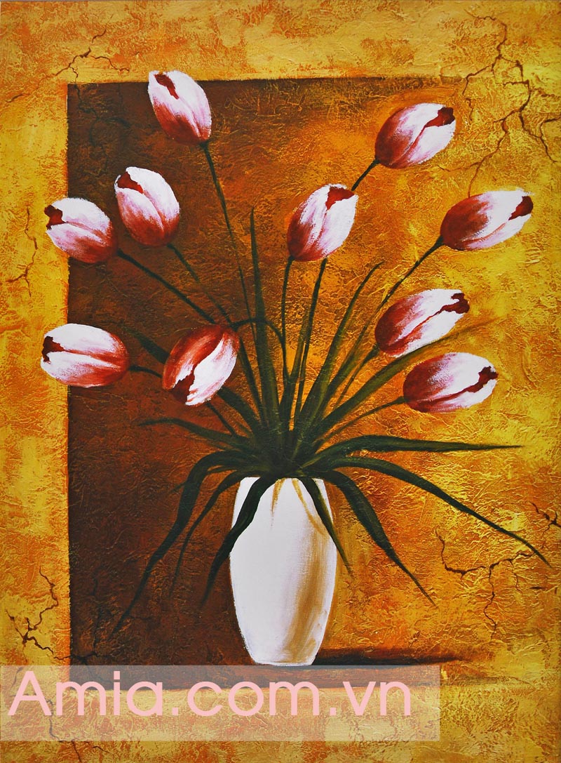 Hinh anh tranh vintage binh hoa tulip treo phong khach phong an dep
