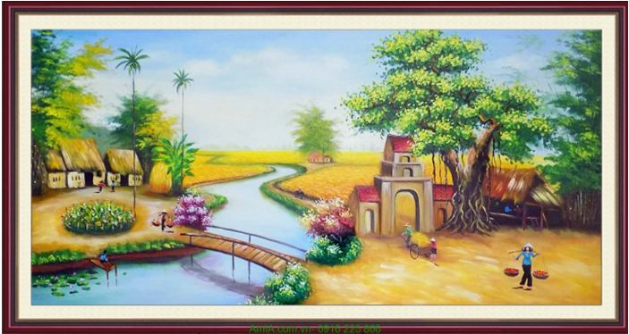 Tranh vẽ sơn dầu cảnh đẹp làng quê mùa lúa chín Amia TSD 150