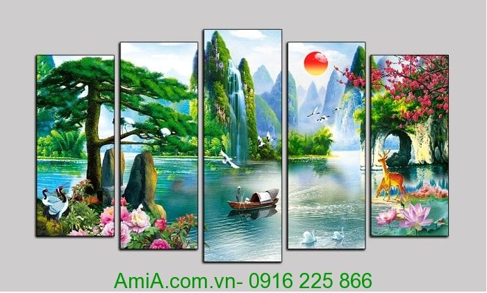 Bức tranh phong thủy cảnh đẹp sông núi ghép bộ Amia 1333