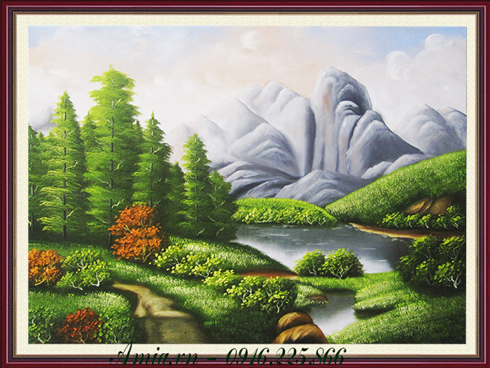 Tranh sơn dầu phong cảnh sông núi chú nai rừng TSD 621  TranhAmiA