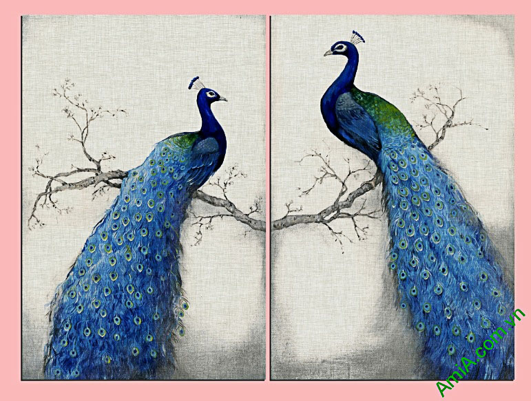 tranh doi chim cong xanh treo phong khach