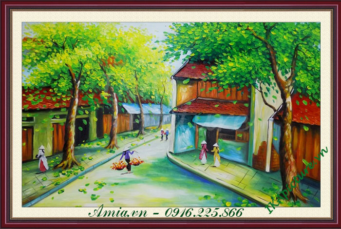 tranh tuong phong canh pho co mot buoi som mua xuan hanh phuc