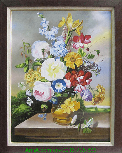 Tranh trang trí bình hoa cổ điển vẽ sơn dầu Amia TSD 344