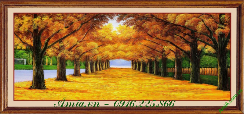 Tranh phong cảnh hàng cây mua thu lá vàng đẹp SD01045  Tranh sơn dầu hà nội