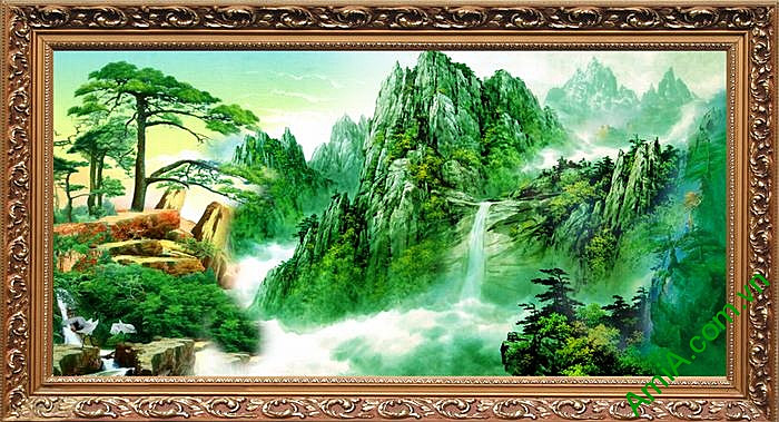 tranh phong canh doi nui hung vi mang gam mau xanh