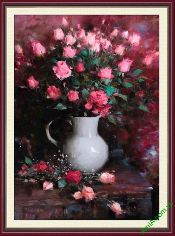tranh phong cach vintage binh hoa hong phot