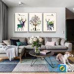 tranh bộ canvas bắc âu đàn nai và rừng cây trang trí phòng khách hiện đại AmiA 1567