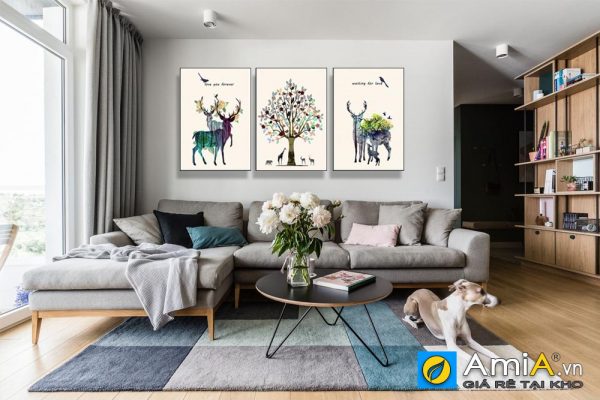 tranh bộ canvas bắc âu đàn nai và rừng cây trang trí phòng khách hiện đại AmiA 1567