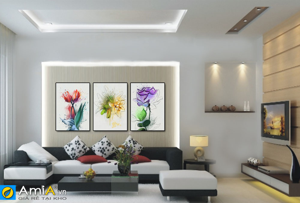 Tranh bộ canvas hoa treo tường phòng khách hiện đại AmiA 1499