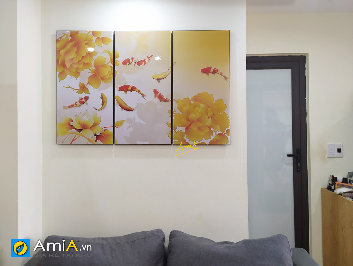 Hình ảnh Bộ tranh cá chép sen vàng treo tường đẹp cho phòng khách mã 410