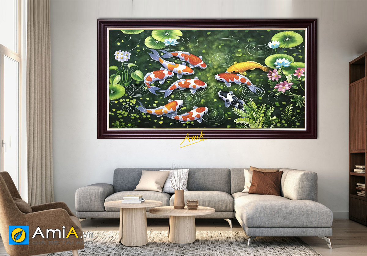 Hình ảnh Tranh cá chép hoa sen vẽ sơn dầu treo tường phòng khách đẹp ý nghĩa TSD 572