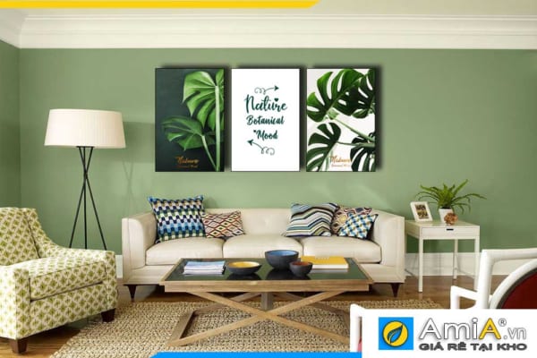 Tranh bộ canvas lá cây nhiệt đới màu xanh treo tường phòng khách hiện đại AmiA 1856