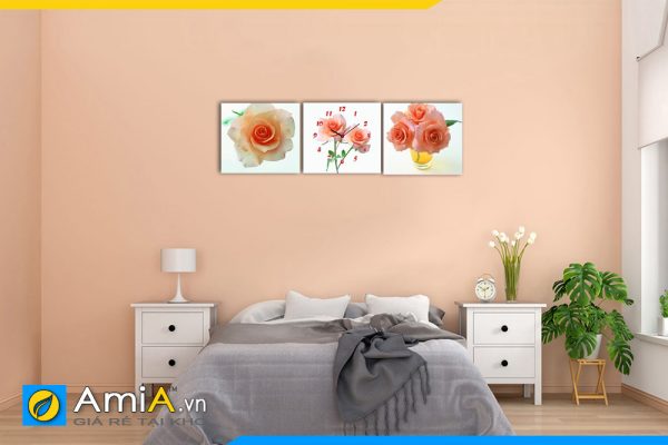 Hình ảnh Bộ tranh hoa hồng đồng hồ treo phòng ngủ đẹp tiện lợi AmiA 1131