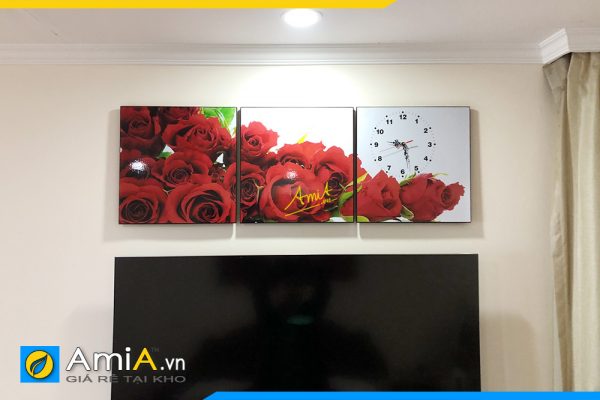 Hình ảnh Bộ tranh hoa hồng ghép 3 tấm có đồng hồ cho phòng ngủ AmiA 181