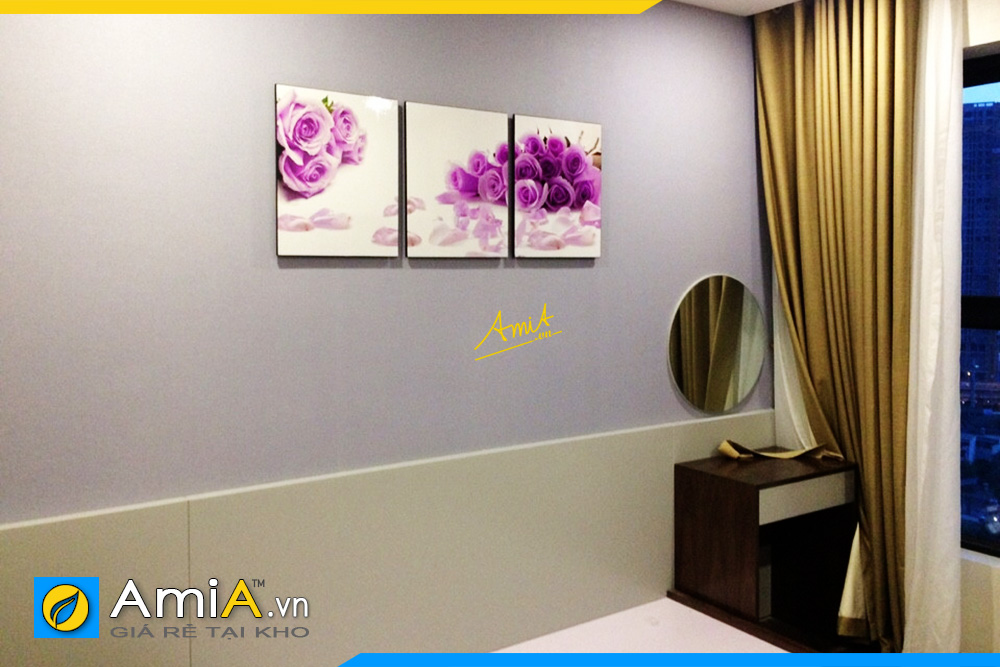 Hình ảnh Bộ tranh hoa hồng tím ghép 3 tấm trang trí phòng ngủ AmiA 451