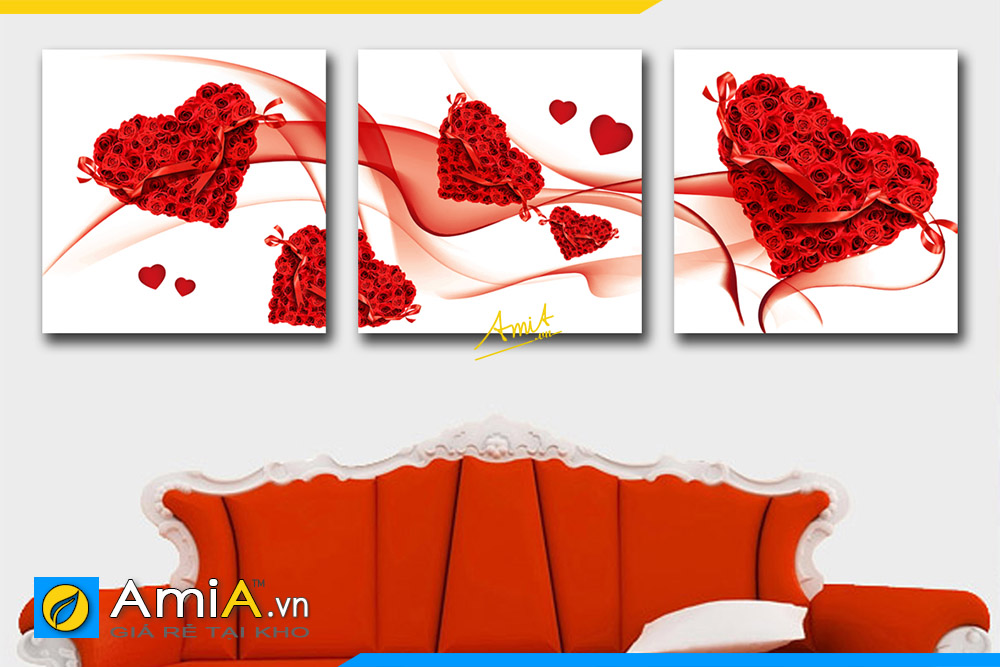 Hình ảnh Bộ tranh hoa hồng trái tim tình yêu trang trí phòng ngủ đẹp AmiA 1158