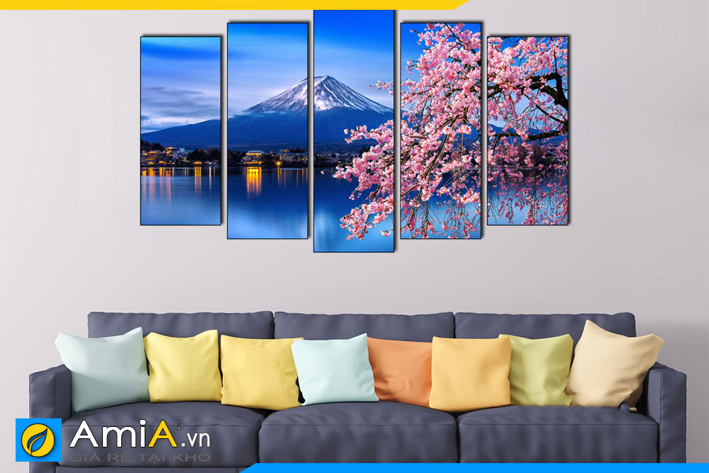 Tranh ghép bộ phong cảnh hoa anh đào và núi phú sĩ Nhật Bản treo tường phòng khách hiện đại AmiA 1847