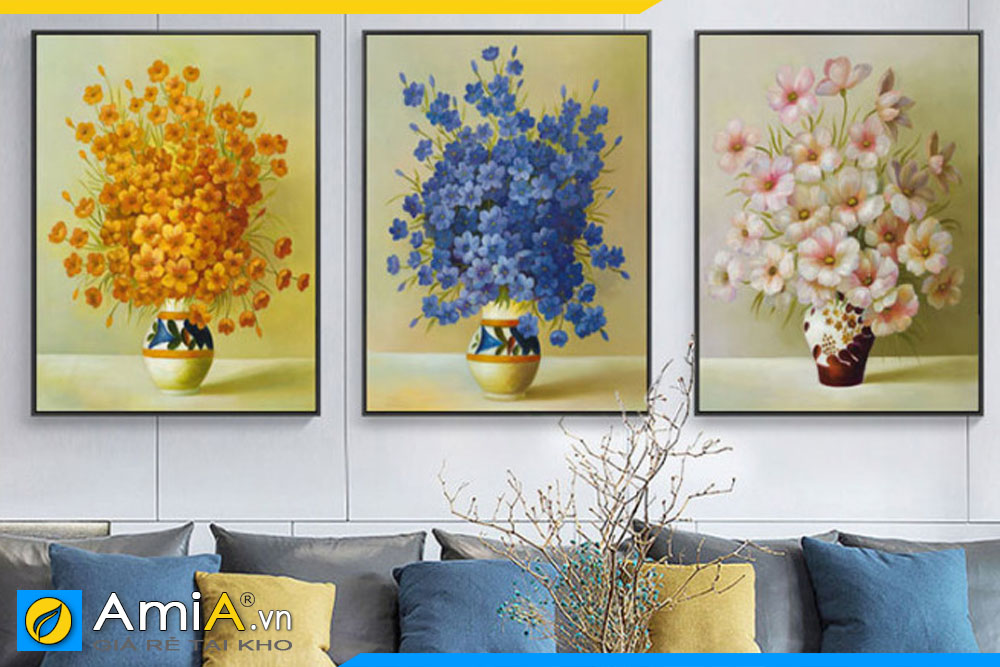 Tranh bình hoa bộ 3 bức in canvas đẹp treo tường phòng khách hiện đại AmiA BH001