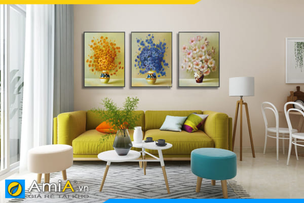 Tranh bình hoa in canvas giả sơn dầu treo tường phòng khách hiện đại, mới mẻ AmIA BH001
