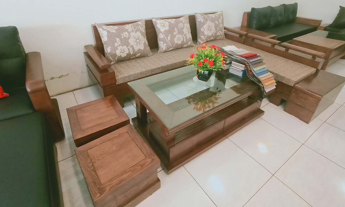 Sofa gỗ góc chữ L sử dụng kết hợp ghế đơn