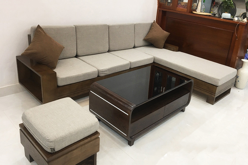 Hình ảnh Bàn ghế sofa gỗ chữ L kê phòng khách đẹp hiện đại