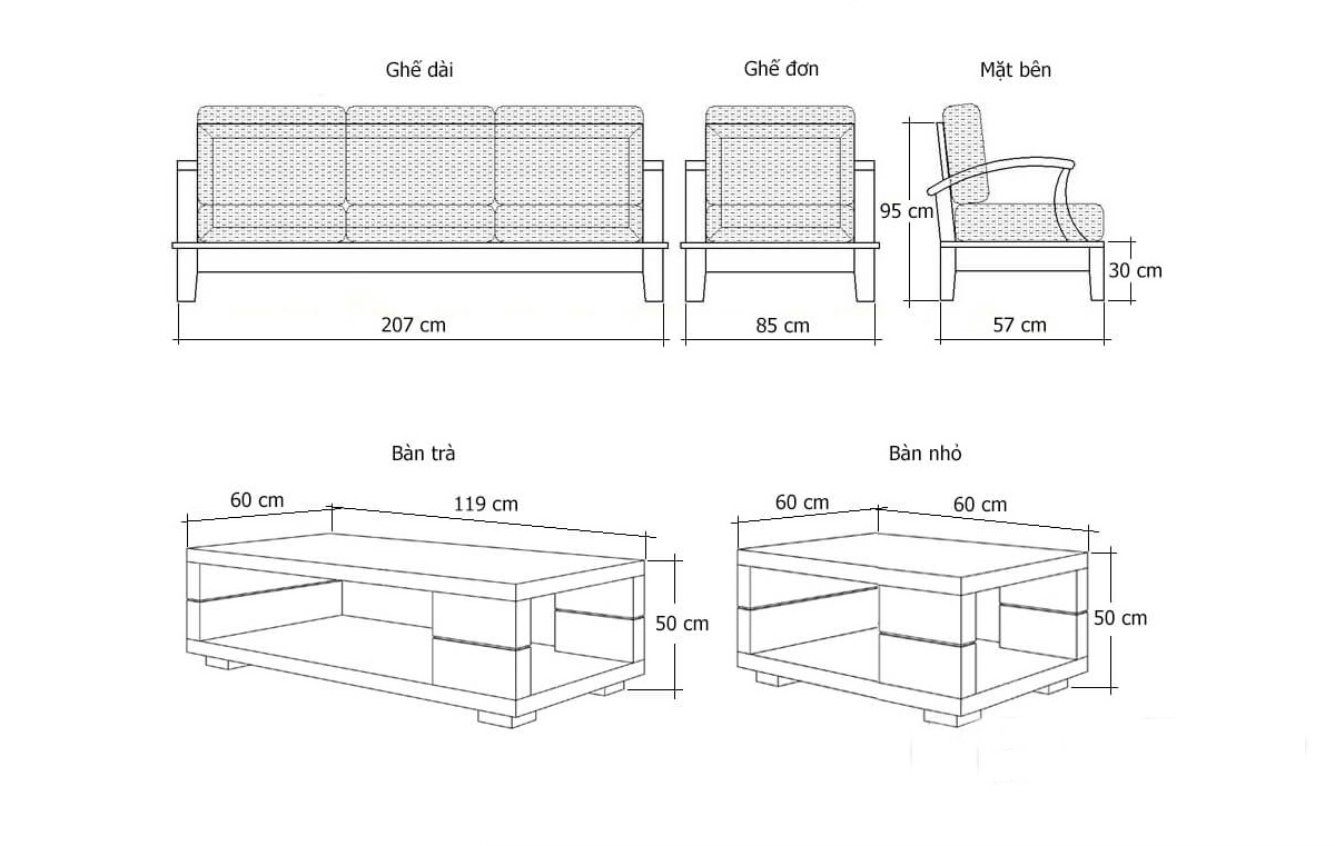 kích thước sofa gỗ chuẩn