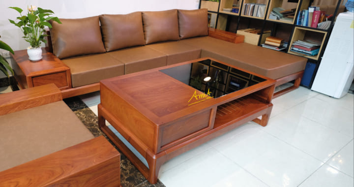 Hình ảnh Mẫu ghế sofa gỗ chữ L đặt làm theo yêu cầu tại nhà khách hàng