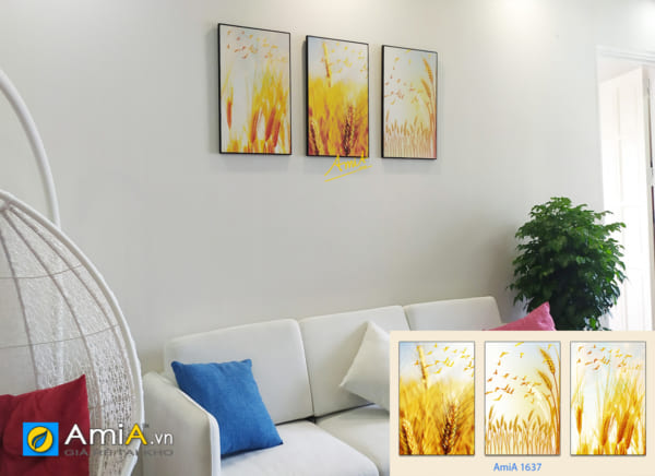 Hình ảnh Bộ tranh lúa vàng trang trí phòng khách chung cư đẹp hiện đại