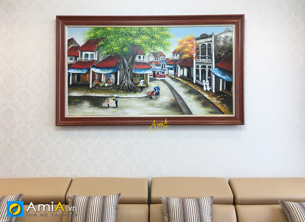 Hình ảnh Tranh phố cổ Hà Nội treo nhà chung cư phía trên ghế sofa