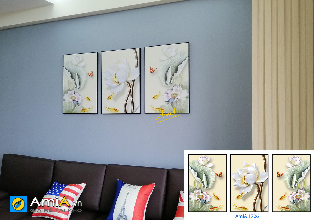 Hình ảnh Tranh treo tường hoa sen cho phòng khách nhà chung cư đẹp