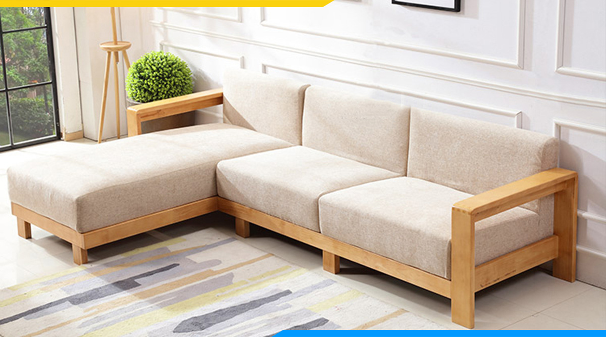 Ghế sofa gỗ chữ L cho không gian tiếp khách hiện đại