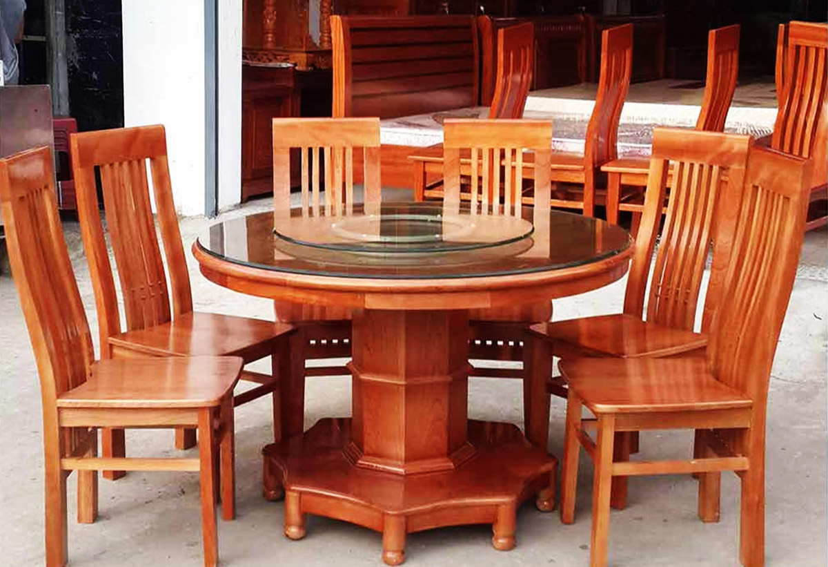 Hình ảnh Bộ bàn ăn 6 ghế gỗ xoan đào đẹp thiết kế hình tròn