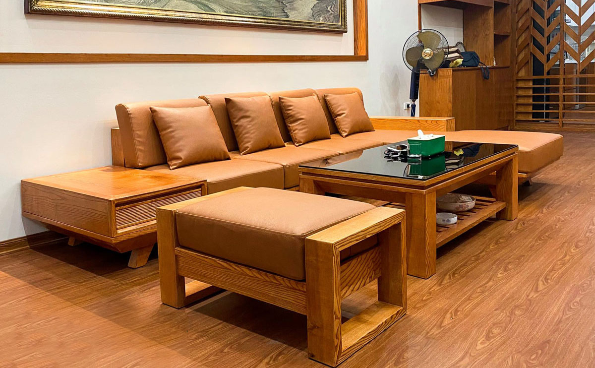 Hình ảnh bộ bàn ghế sofa gỗ góc chữ L đệm da đẹp