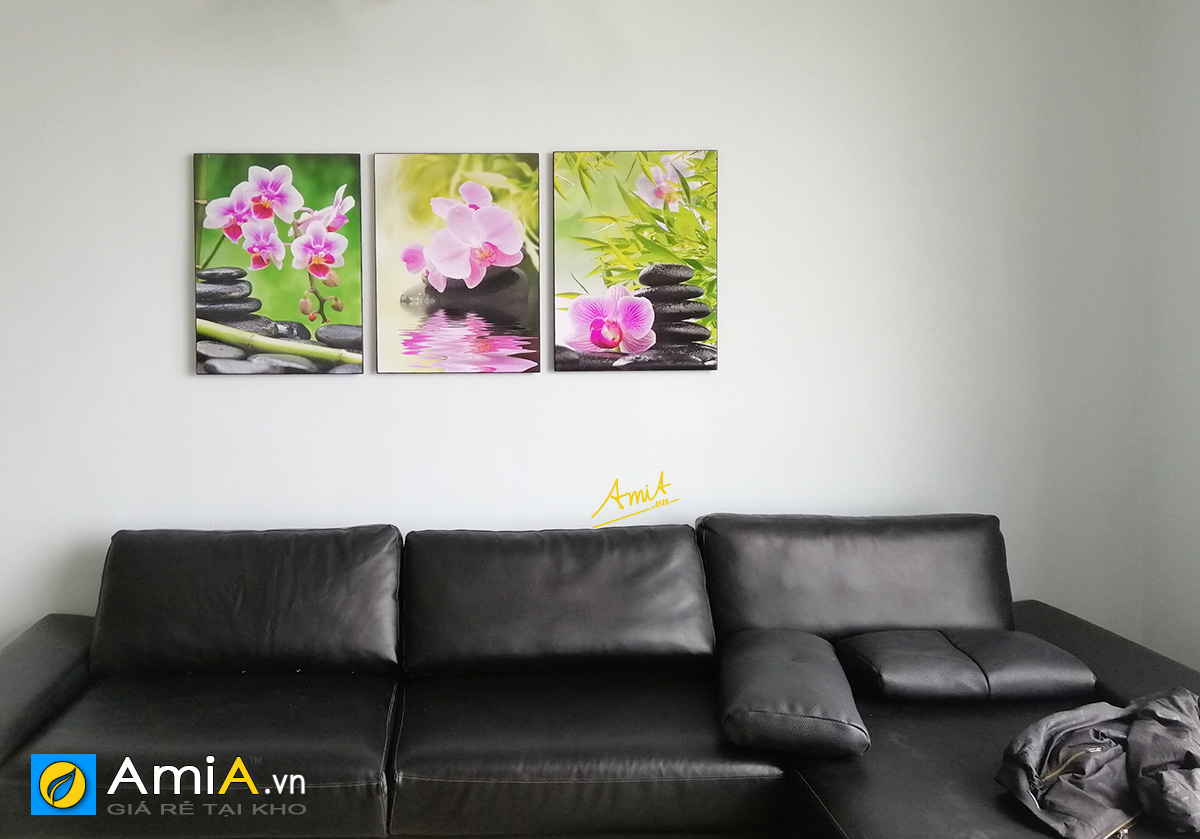 Hình ảnh Bộ tranh hoa lan tím treo phía trên ghế sofa phòng khách màu đen