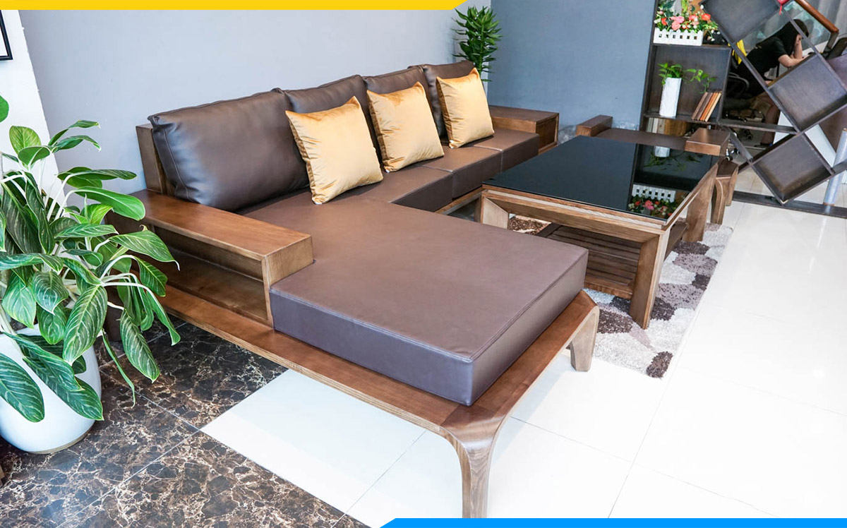 Bộ bàn ghế sofa gỗ góc bọc da sang trọng cho việc tiếp khách