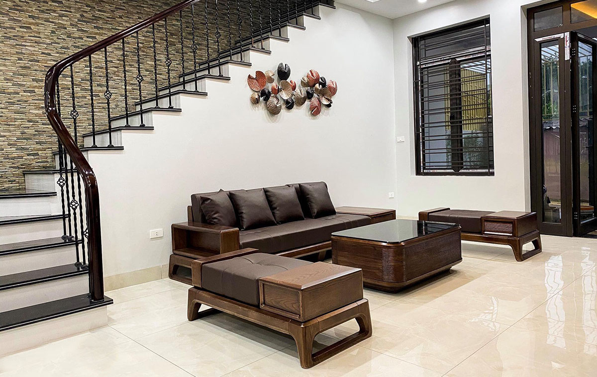Sofa gỗ văng kết hợp đôn lớn kê hành lang, đại sảnh
