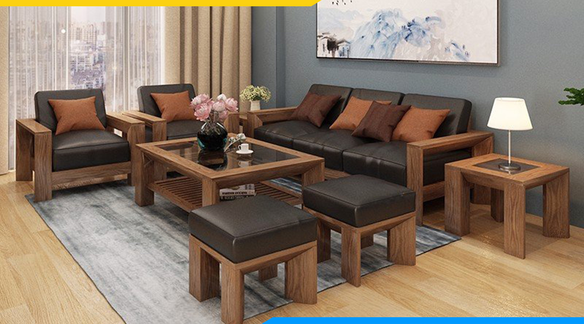 Bộ sofa gỗ có đệm ghế màu nâu đậm tượng trưng mệnh Thổ