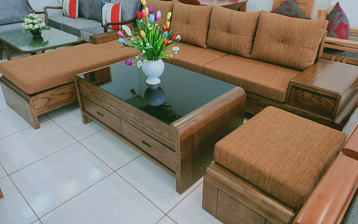 sofa gỗ Sồi góc L màu nâu 