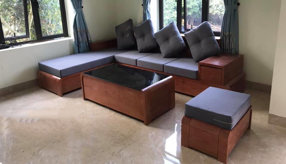 Sofa gỗ hiện đại có đệm ghế bắt mắt làm từ gỗ Xoan đào