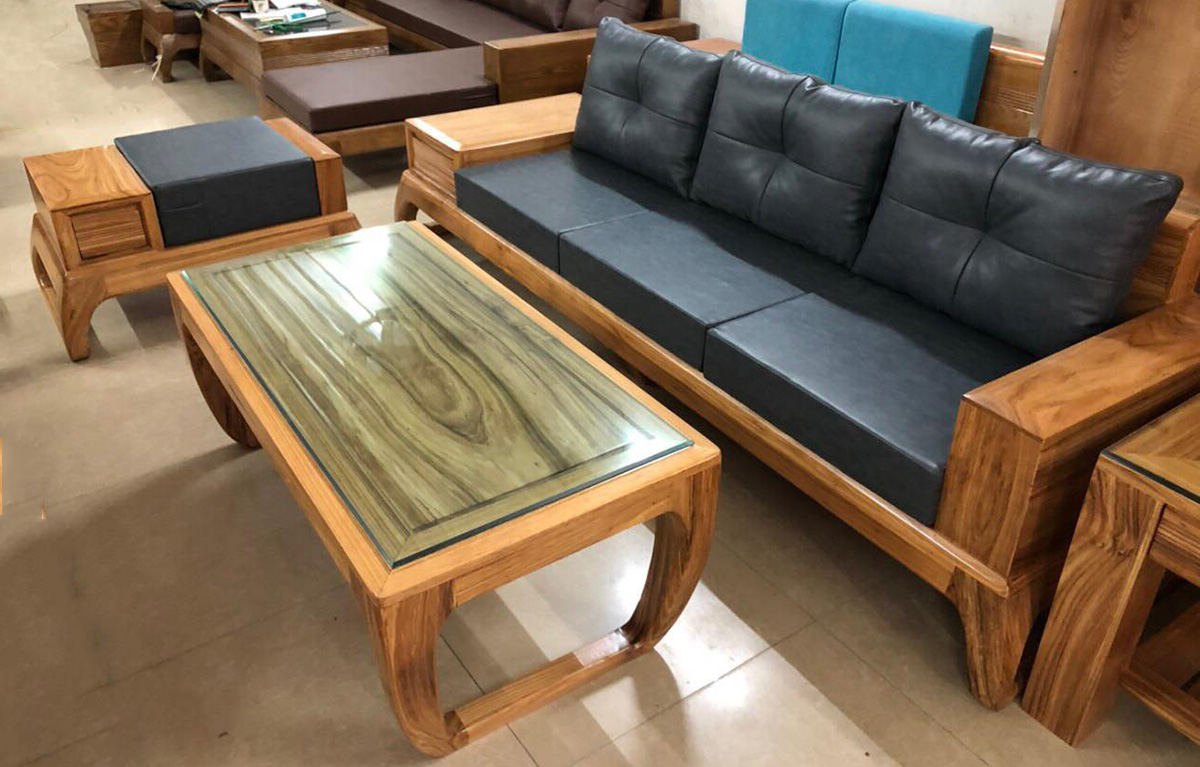 Sofa gỗ văng hiện đại 3 chỗ ngồi cùng đôn nhỏ và bàn trà
