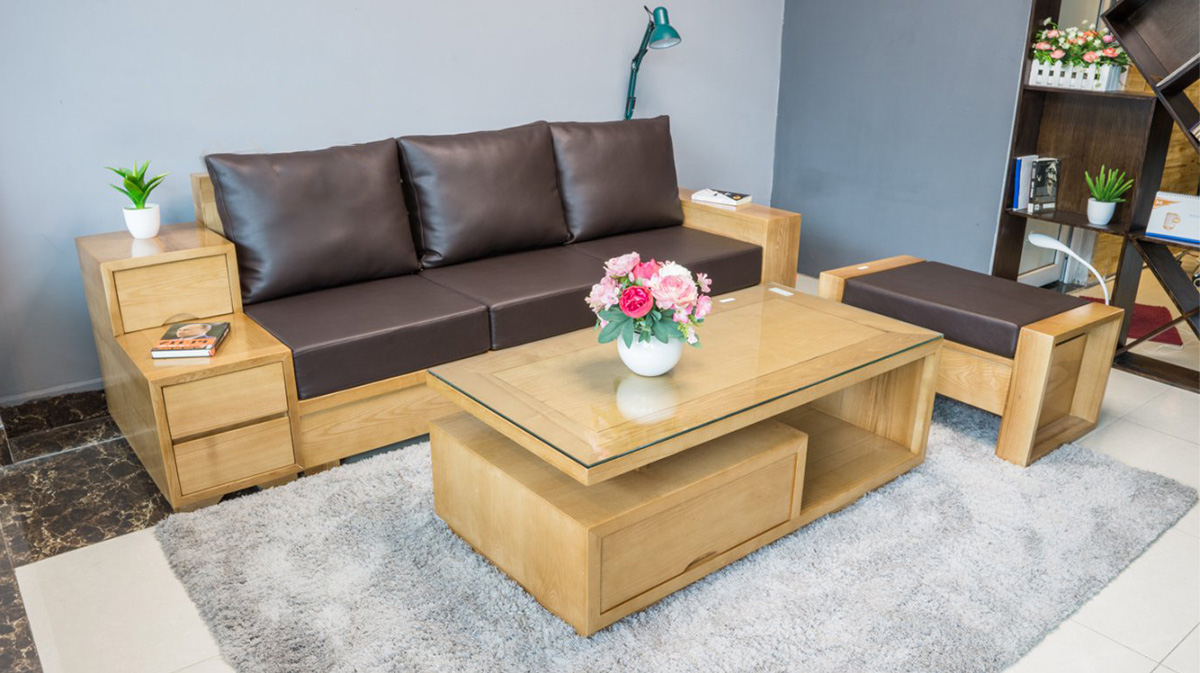 Sofa gỗ Sồi theo bộ gồm 1 văng 1 ghế chủ và ghế đơn