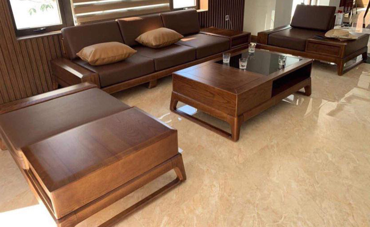 Sofa gỗ văng kết hợp đôn lớn hiện đại cho phòng làm việc